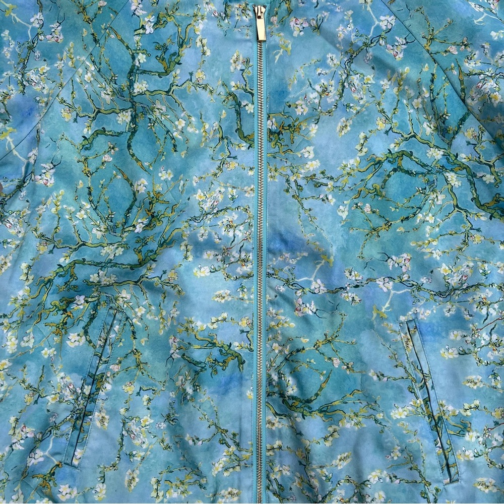 Immersive Van Gogh Cherry Blossom Turquoise Satin Floral Bomber Jacket NWOT - Picture 4 of 8
